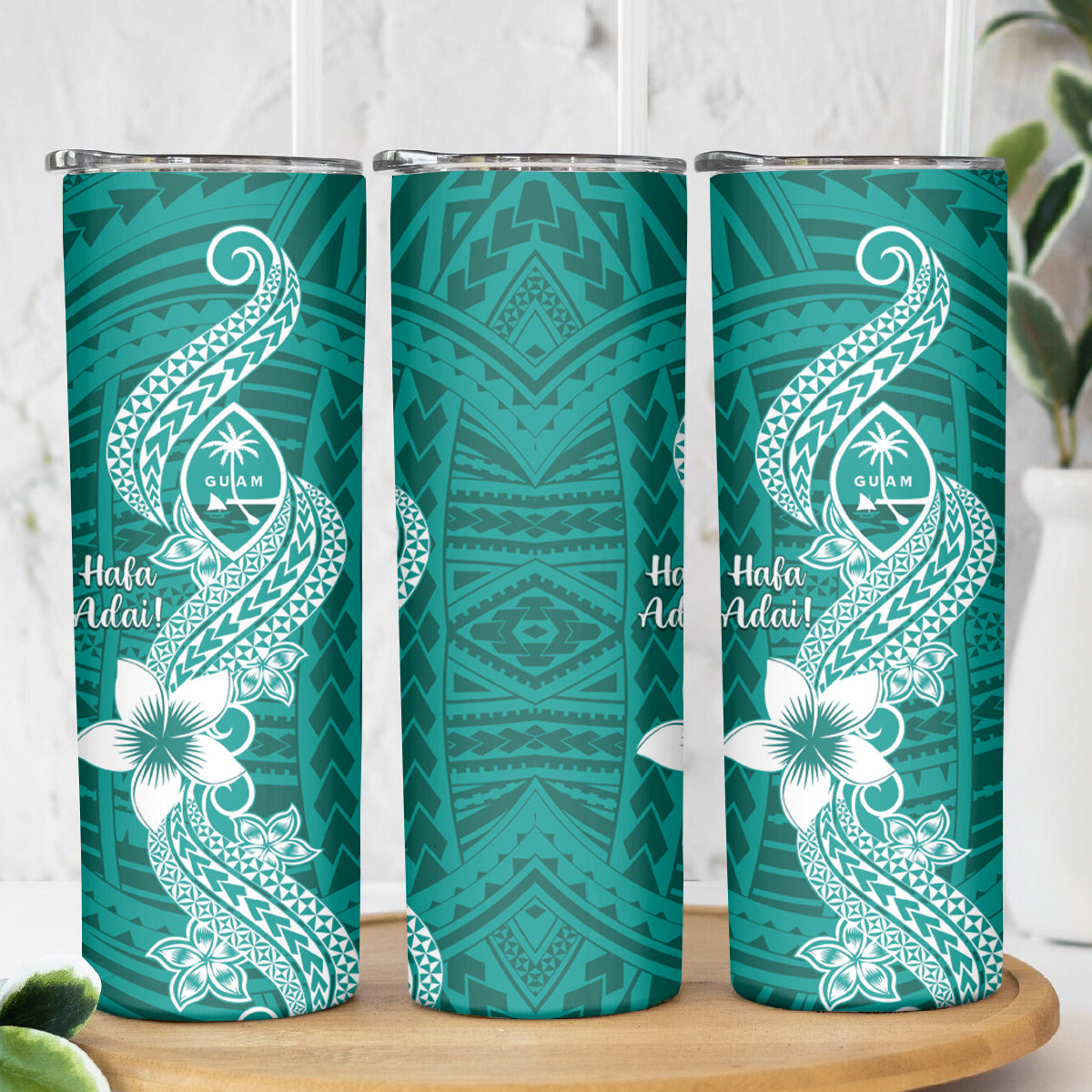 Hafa Adai Guam Skinny Tumbler Polynesian Floral Teal Pattern
