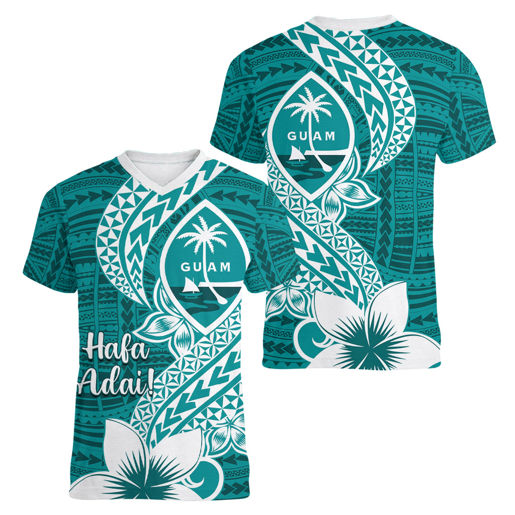 Hafa Adai Guam Women V Neck T Shirt Polynesian Floral Teal Pattern LT01 - Polynesian Pride