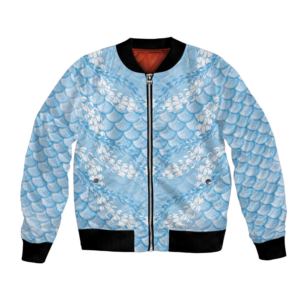 Baby Blue Mermaid Puakenikeni Maile Lei Bomber Jacket