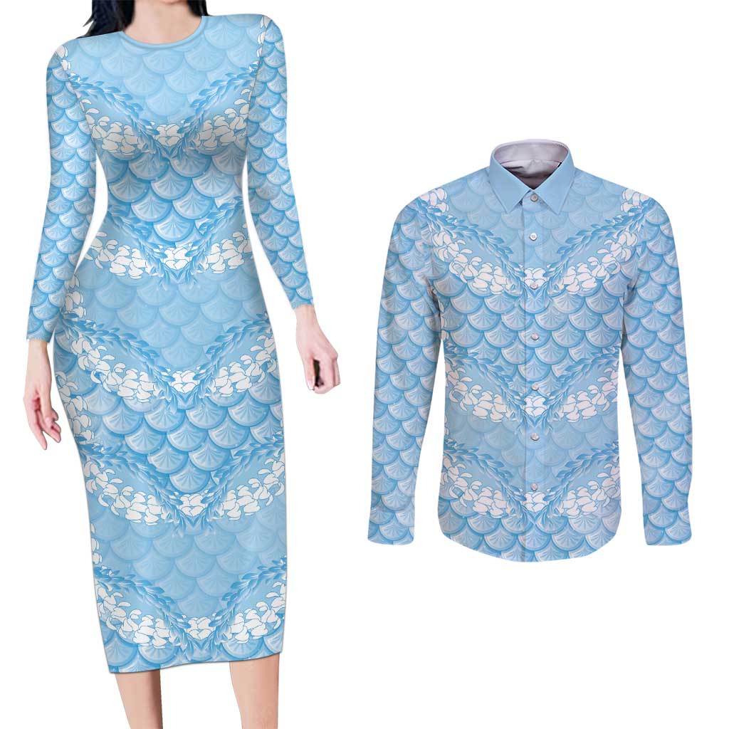 Baby Blue Mermaid Puakenikeni Maile Lei Couples Matching Long Sleeve Bodycon Dress and Long Sleeve Button Shirt LT01 Blue - Polynesian Pride