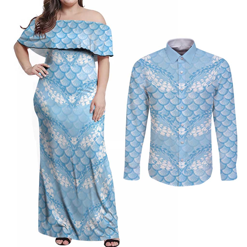 Baby Blue Mermaid Puakenikeni Maile Lei Couples Matching Off Shoulder Maxi Dress and Long Sleeve Button Shirt LT01 Blue - Polynesian Pride
