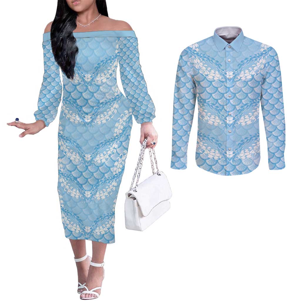 Baby Blue Mermaid Puakenikeni Maile Lei Couples Matching Off The Shoulder Long Sleeve Dress and Long Sleeve Button Shirt LT01 Blue - Polynesian Pride