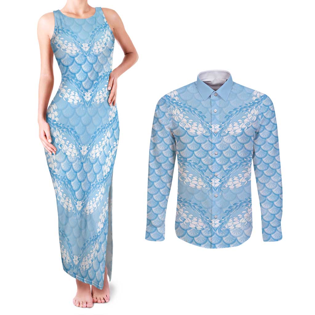 Baby Blue Mermaid Puakenikeni Maile Lei Couples Matching Tank Maxi Dress and Long Sleeve Button Shirt LT01 Blue - Polynesian Pride