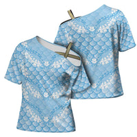 Baby Blue Mermaid Puakenikeni Maile Lei Cross Shoulder Shirt