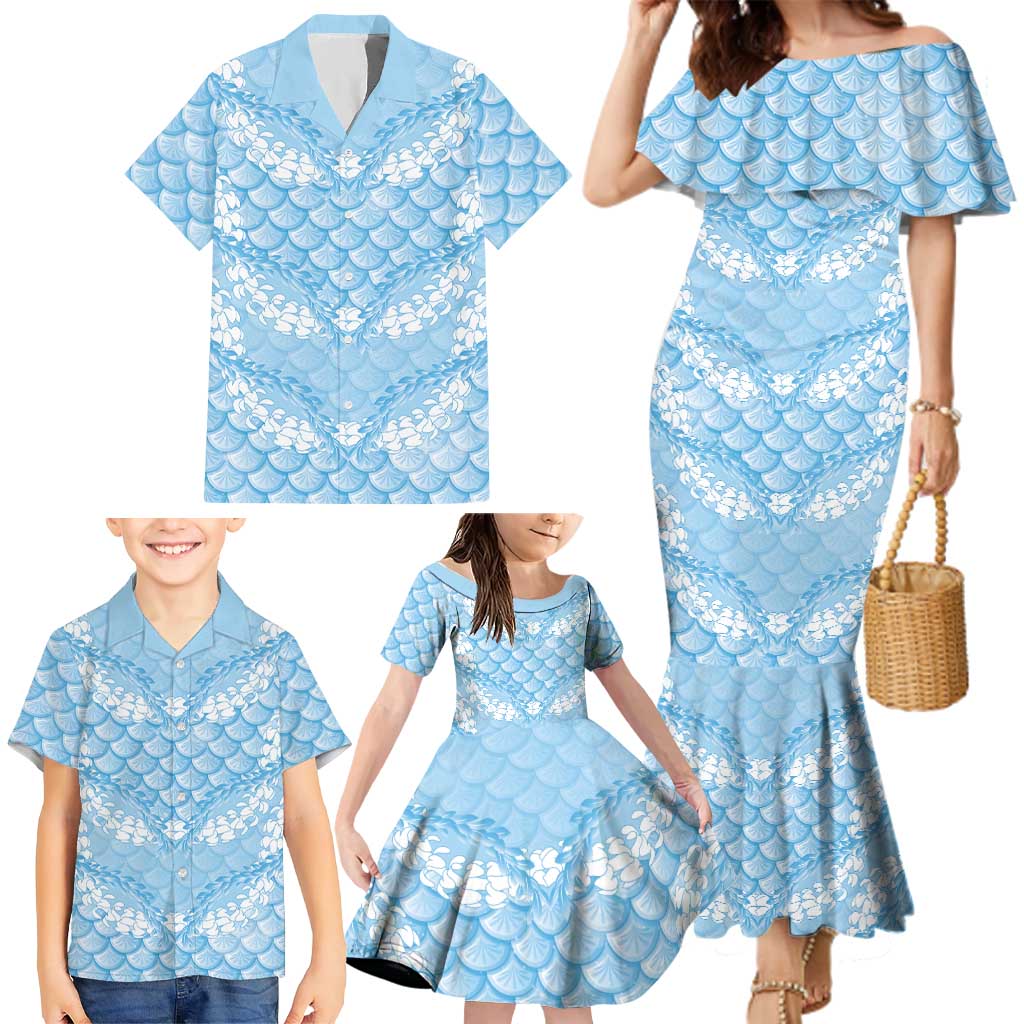 Baby Blue Mermaid Puakenikeni Maile Lei Family Matching Mermaid Dress and Hawaiian Shirt LT01 - Polynesian Pride