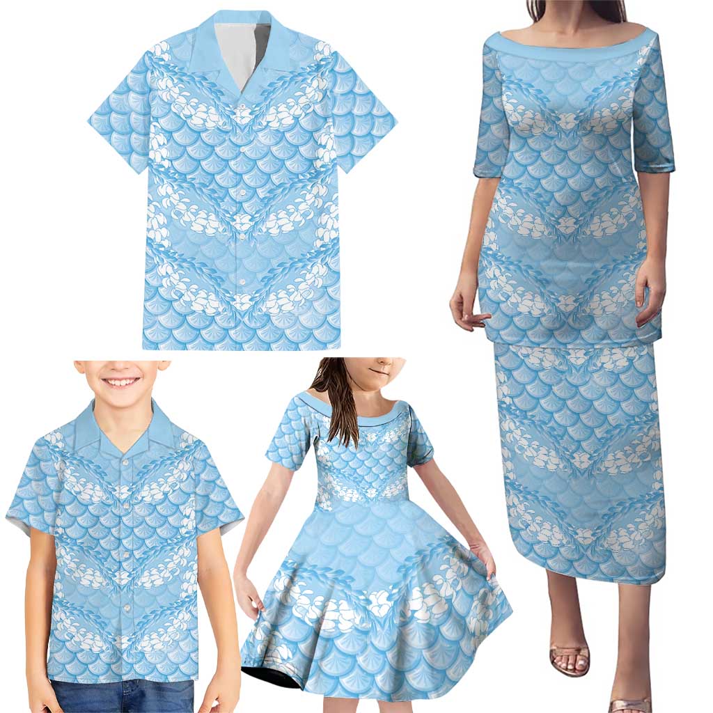 Baby Blue Mermaid Puakenikeni Maile Lei Family Matching Puletasi and Hawaiian Shirt