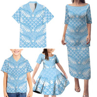 Baby Blue Mermaid Puakenikeni Maile Lei Family Matching Puletasi and Hawaiian Shirt