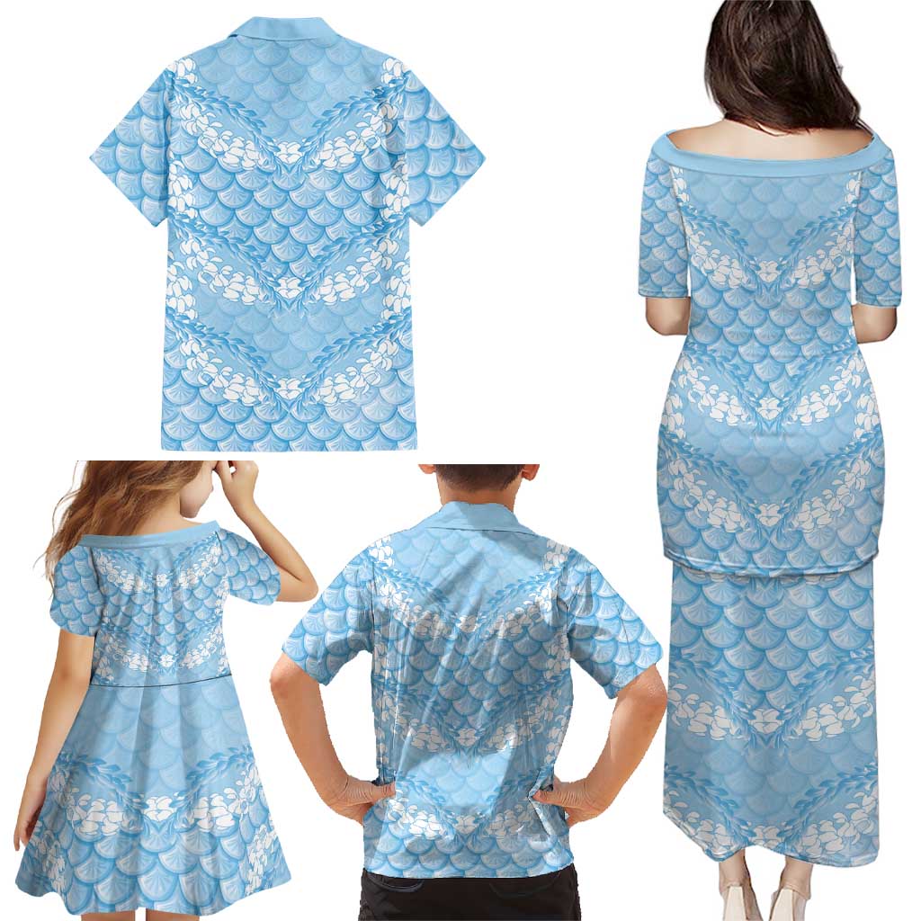 Baby Blue Mermaid Puakenikeni Maile Lei Family Matching Puletasi and Hawaiian Shirt