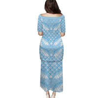 Baby Blue Mermaid Puakenikeni Maile Lei Family Matching Puletasi and Hawaiian Shirt