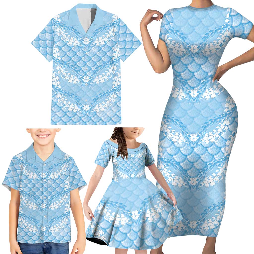 Baby Blue Mermaid Puakenikeni Maile Lei Family Matching Short Sleeve Bodycon Dress and Hawaiian Shirt LT01 - Polynesian Pride