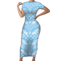 Baby Blue Mermaid Puakenikeni Maile Lei Family Matching Short Sleeve Bodycon Dress and Hawaiian Shirt