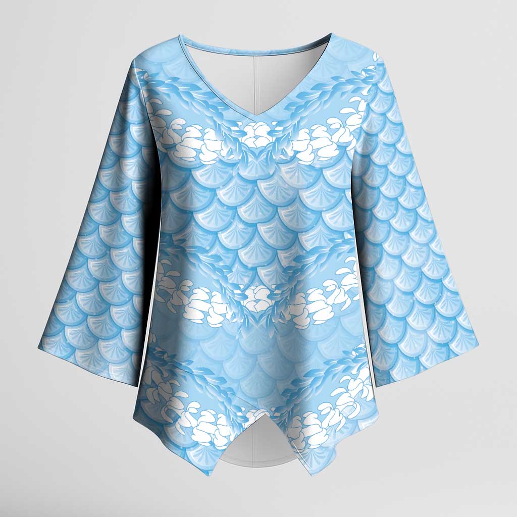Baby Blue Mermaid Puakenikeni Maile Lei Kimono Sleeve Blouse