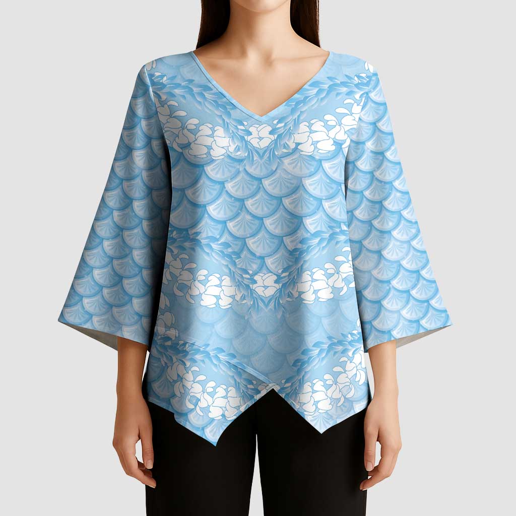 Baby Blue Mermaid Puakenikeni Maile Lei Kimono Sleeve Blouse