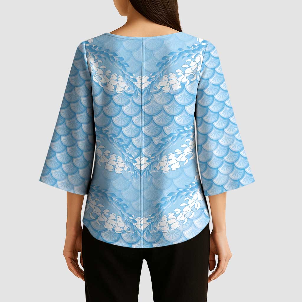 Baby Blue Mermaid Puakenikeni Maile Lei Kimono Sleeve Blouse