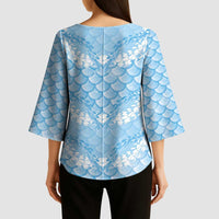 Baby Blue Mermaid Puakenikeni Maile Lei Kimono Sleeve Blouse