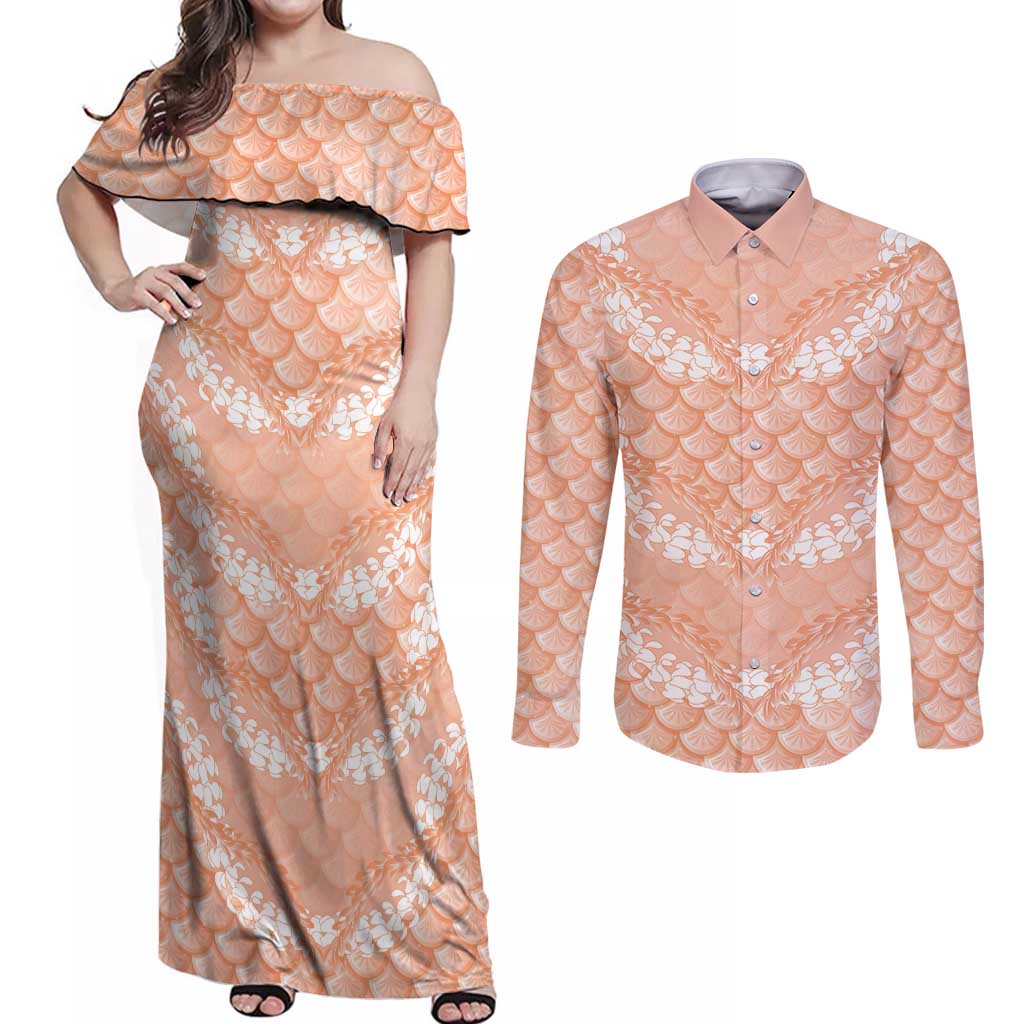 Apricot Mermaid Puakenikeni Maile Lei Couples Matching Off Shoulder Maxi Dress and Long Sleeve Button Shirt LT01 Apricot - Polynesian Pride
