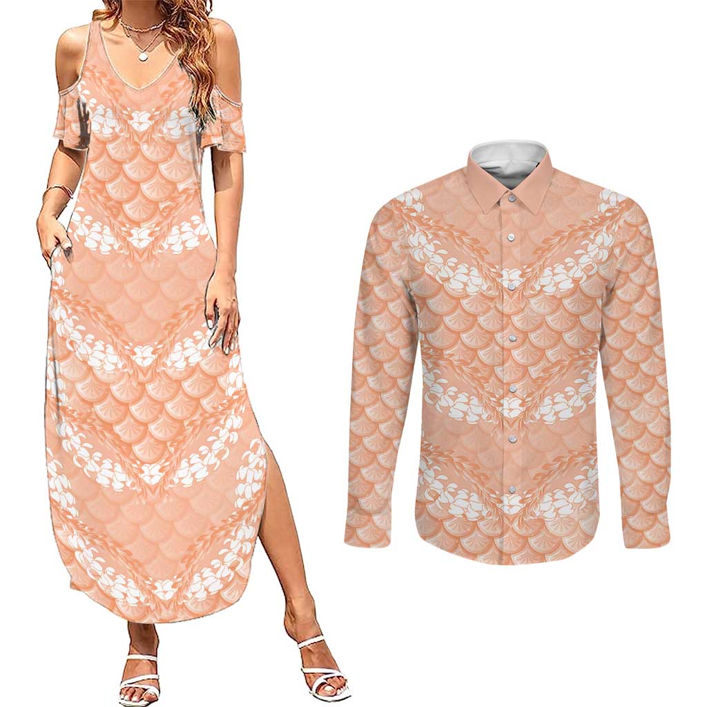 Apricot Mermaid Puakenikeni Maile Lei Couples Matching Summer Maxi Dress and Long Sleeve Button Shirt LT01 Apricot - Polynesian Pride