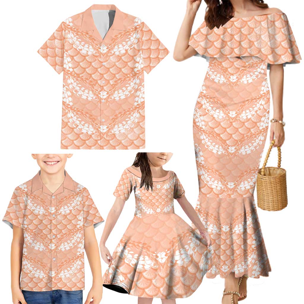 Apricot Mermaid Puakenikeni Maile Lei Family Matching Mermaid Dress and Hawaiian Shirt