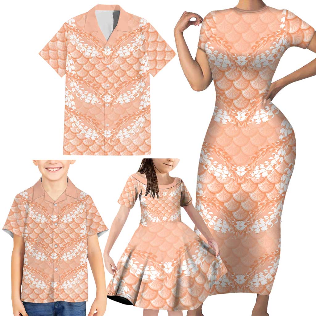 Apricot Mermaid Puakenikeni Maile Lei Family Matching Short Sleeve Bodycon Dress and Hawaiian Shirt