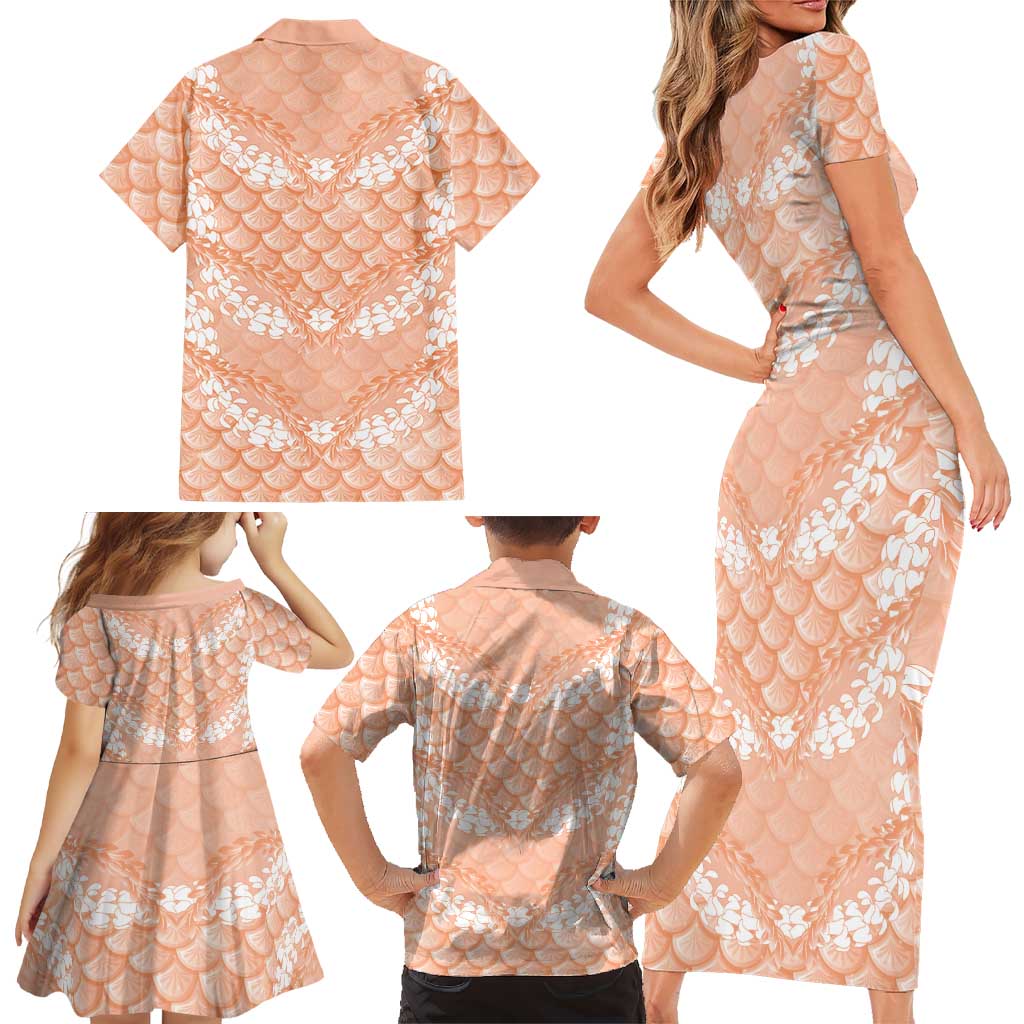 Apricot Mermaid Puakenikeni Maile Lei Family Matching Short Sleeve Bodycon Dress and Hawaiian Shirt