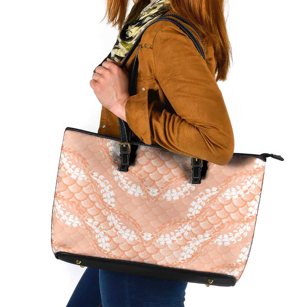 Apricot Mermaid Puakenikeni Maile Lei Leather Tote Bag