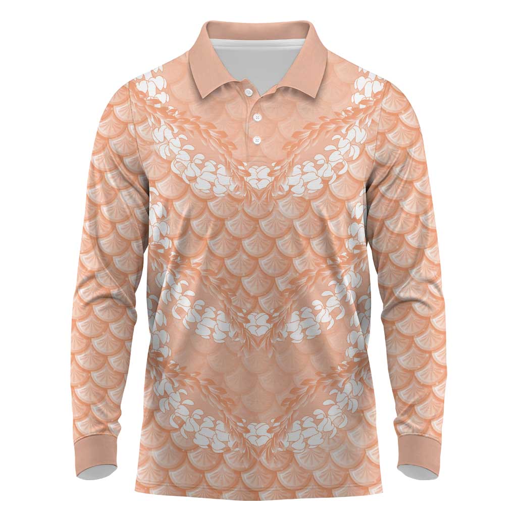 Apricot Mermaid Puakenikeni Maile Lei Long Sleeve Polo Shirt
