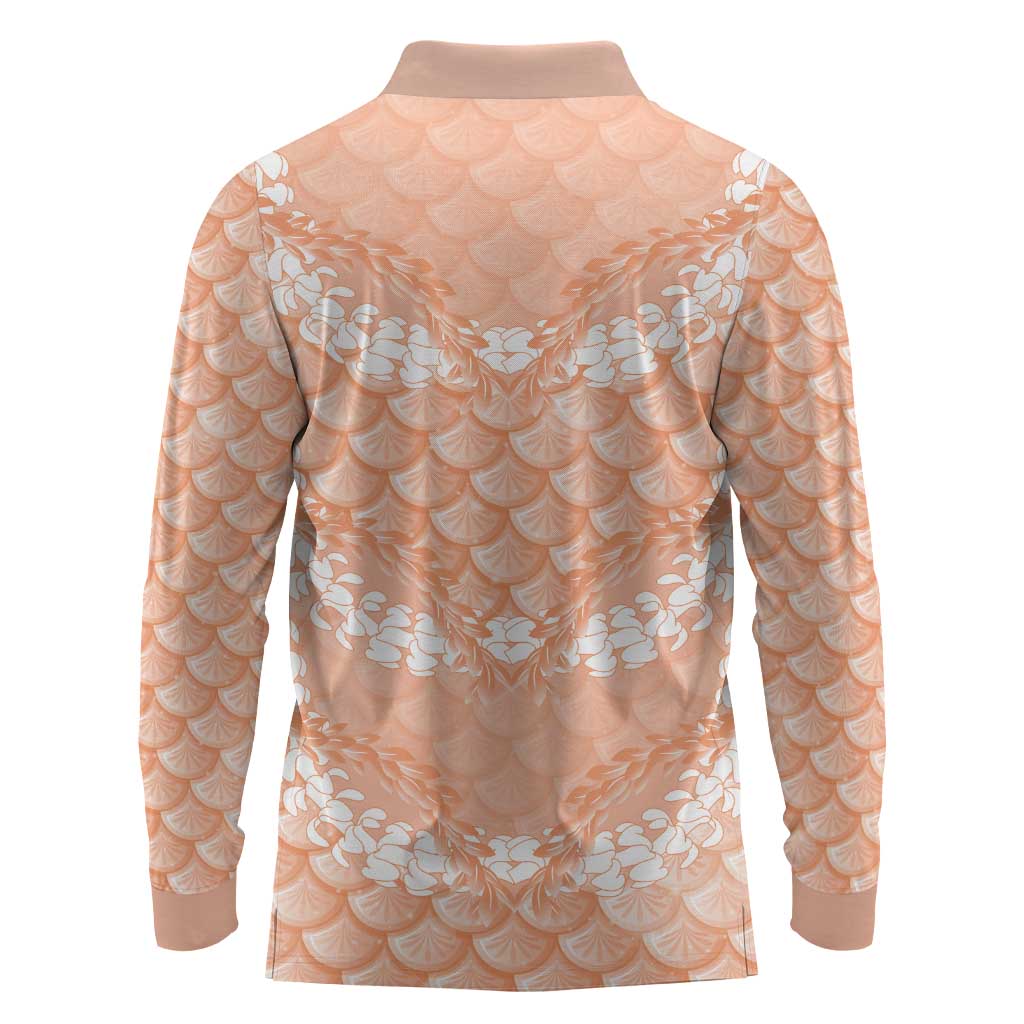 Apricot Mermaid Puakenikeni Maile Lei Long Sleeve Polo Shirt