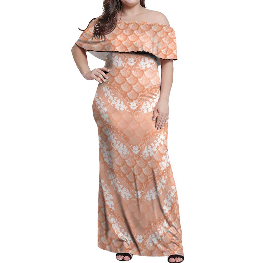 Apricot Mermaid Puakenikeni Maile Lei Off Shoulder Maxi Dress