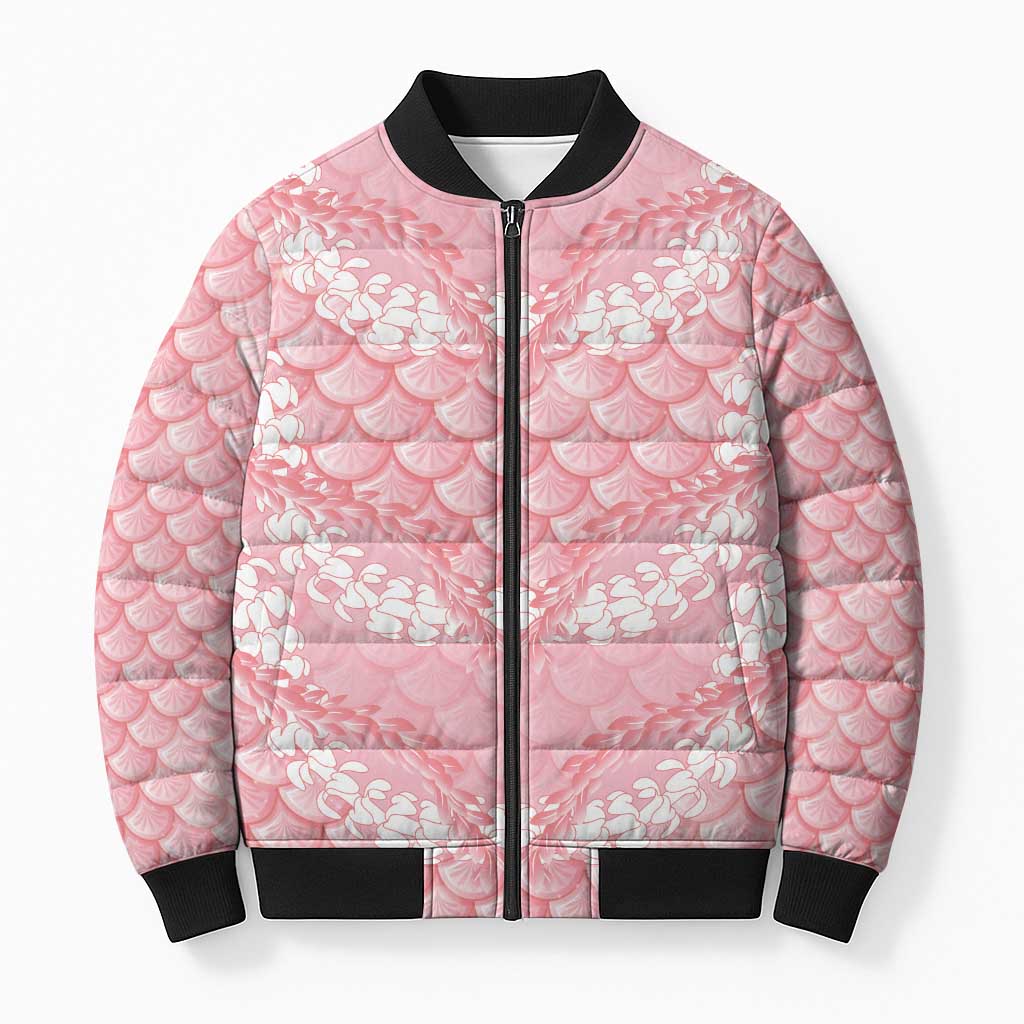 Soft Pink Mermaid Puakenikeni Maile Lei Bomber Puffer Jacket