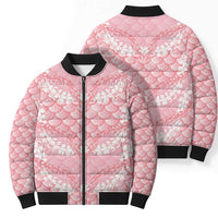 Soft Pink Mermaid Puakenikeni Maile Lei Bomber Puffer Jacket