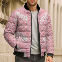 Soft Pink Mermaid Puakenikeni Maile Lei Bomber Puffer Jacket