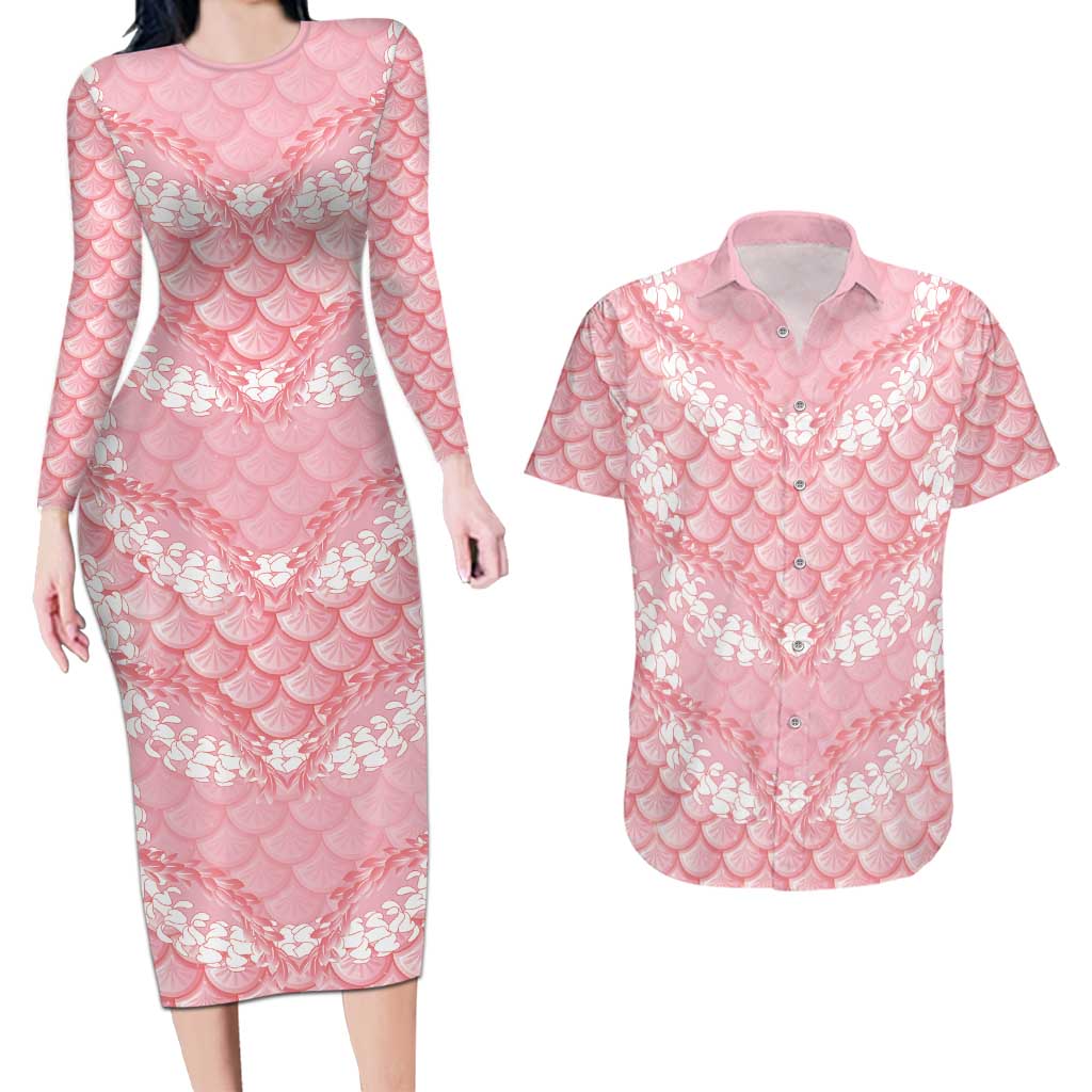 Soft Pink Mermaid Puakenikeni Maile Lei Couples Matching Long Sleeve Bodycon Dress and Hawaiian Shirt LT01 Pink - Polynesian Pride