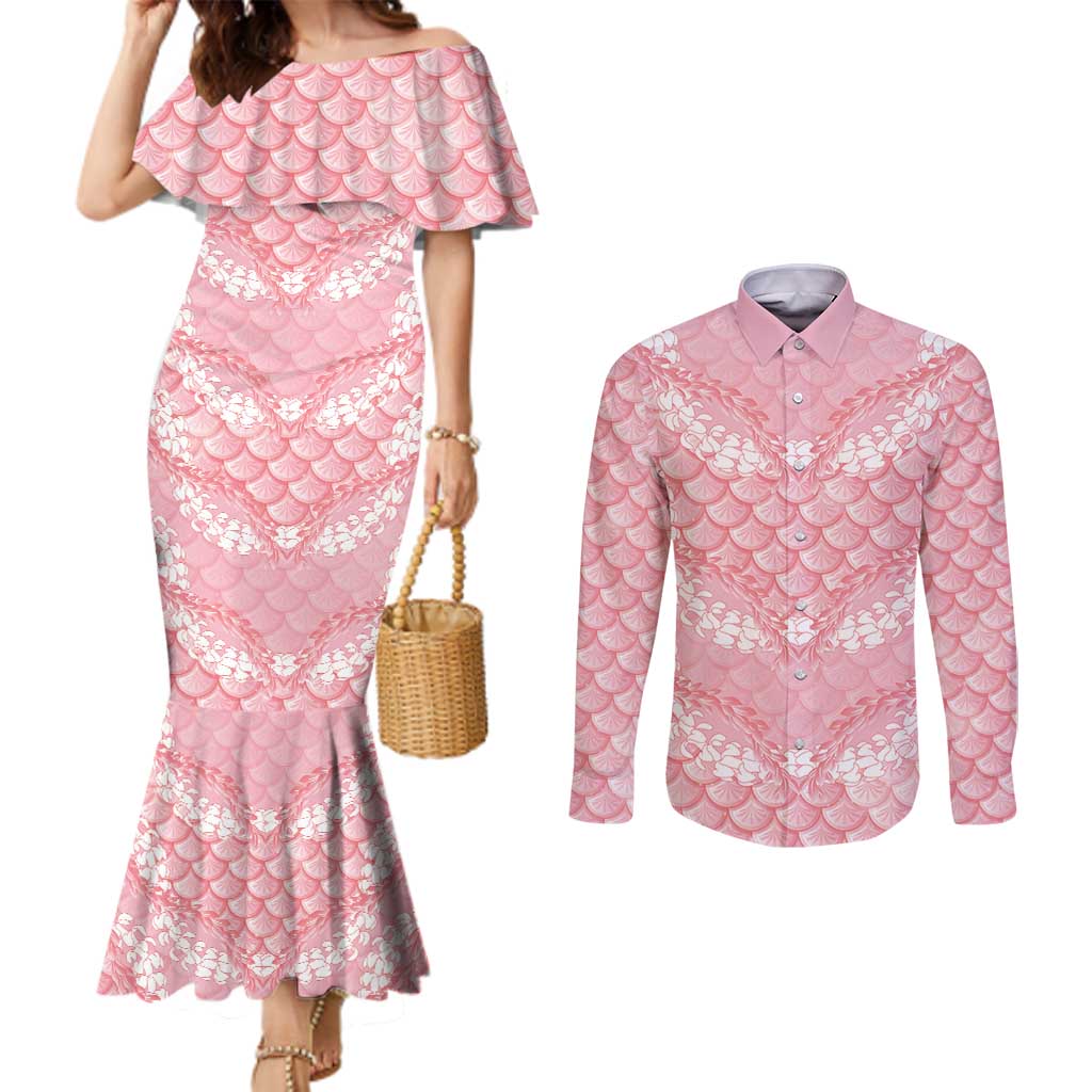 Soft Pink Mermaid Puakenikeni Maile Lei Couples Matching Mermaid Dress and Long Sleeve Button Shirt LT01 Pink - Polynesian Pride
