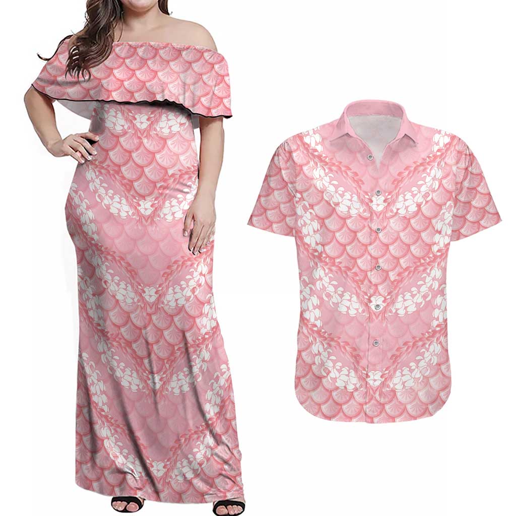 Soft Pink Mermaid Puakenikeni Maile Lei Couples Matching Off Shoulder Maxi Dress and Hawaiian Shirt LT01 Pink - Polynesian Pride