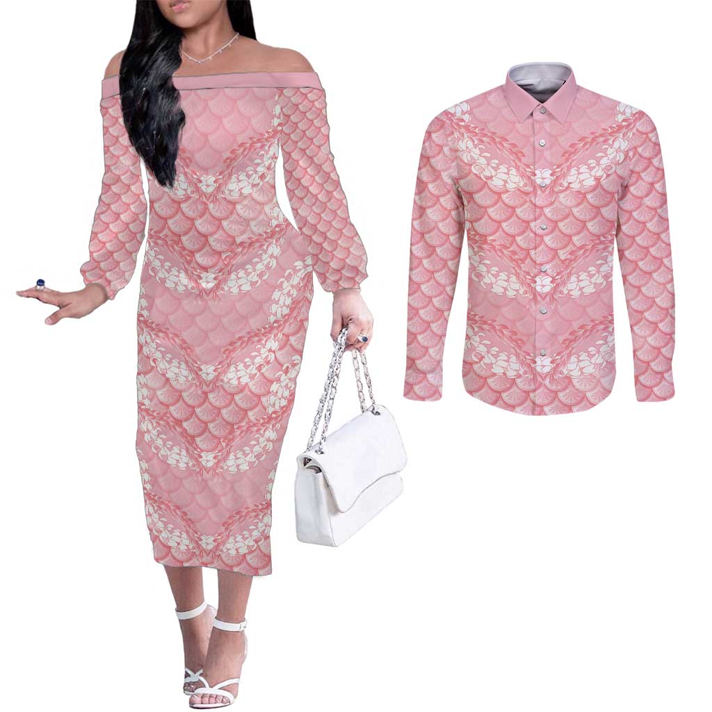 Soft Pink Mermaid Puakenikeni Maile Lei Couples Matching Off The Shoulder Long Sleeve Dress and Long Sleeve Button Shirt LT01 Pink - Polynesian Pride