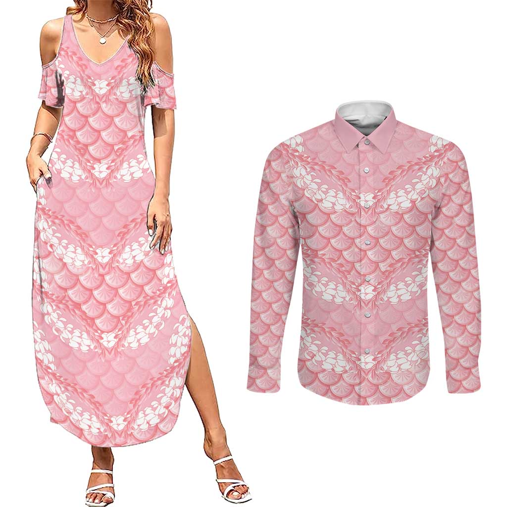 Soft Pink Mermaid Puakenikeni Maile Lei Couples Matching Summer Maxi Dress and Long Sleeve Button Shirt