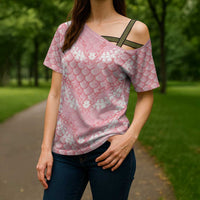 Soft Pink Mermaid Puakenikeni Maile Lei Cross Shoulder Shirt