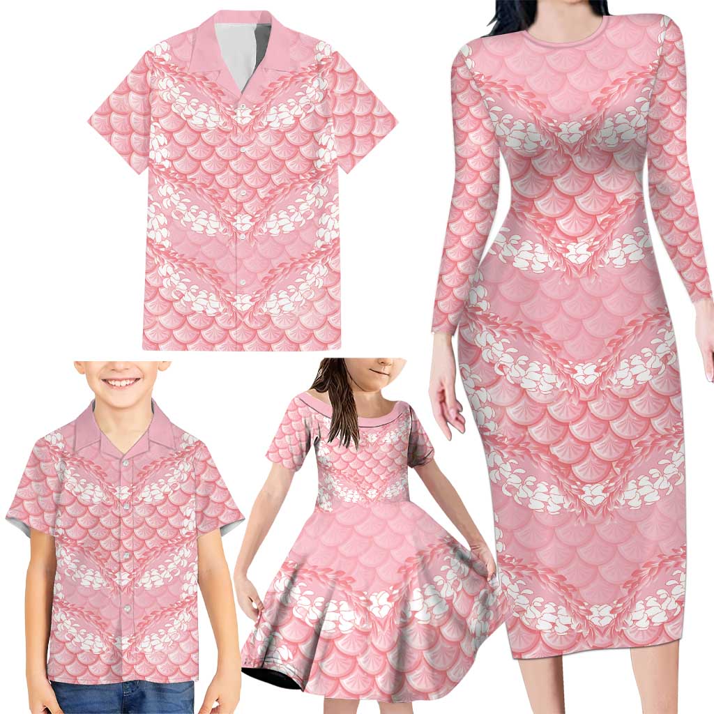 Soft Pink Mermaid Puakenikeni Maile Lei Family Matching Long Sleeve Bodycon Dress and Hawaiian Shirt LT01 - Polynesian Pride