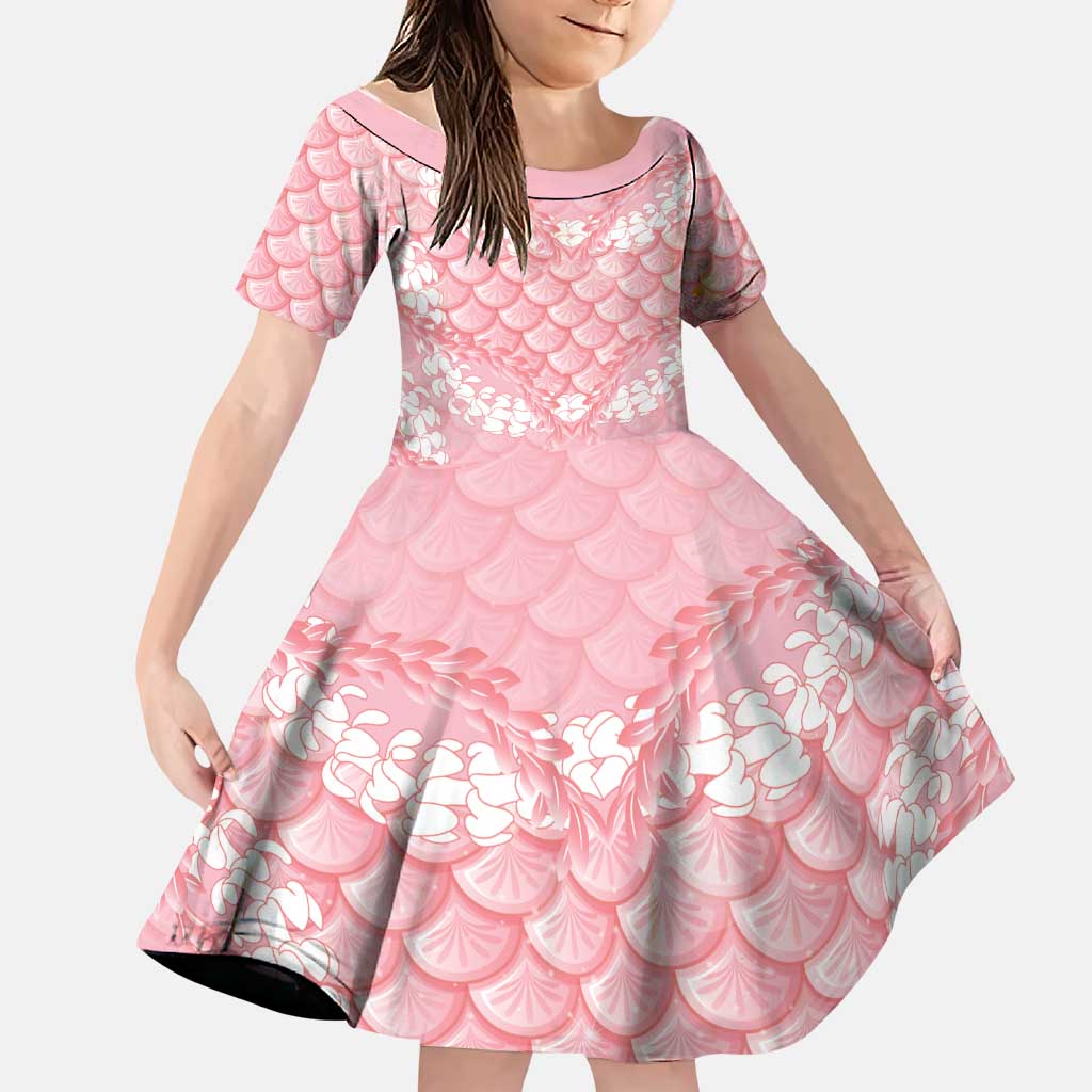 Soft Pink Mermaid Puakenikeni Maile Lei Family Matching Off The Shoulder Long Sleeve Dress and Hawaiian Shirt LT01 Daughter's Dress Pink - Polynesian Pride