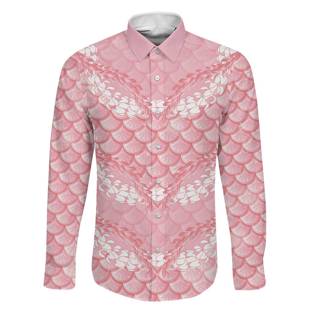 Soft Pink Mermaid Puakenikeni Maile Lei Family Matching Off Shoulder Maxi Dress and Hawaiian Shirt LT01 Dad's Shirt - Long Sleeve Pink - Polynesian Pride