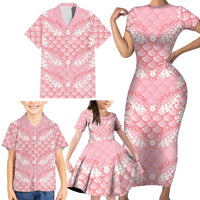 Soft Pink Mermaid Puakenikeni Maile Lei Family Matching Short Sleeve Bodycon Dress and Hawaiian Shirt