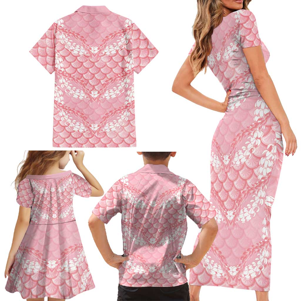 Soft Pink Mermaid Puakenikeni Maile Lei Family Matching Short Sleeve Bodycon Dress and Hawaiian Shirt