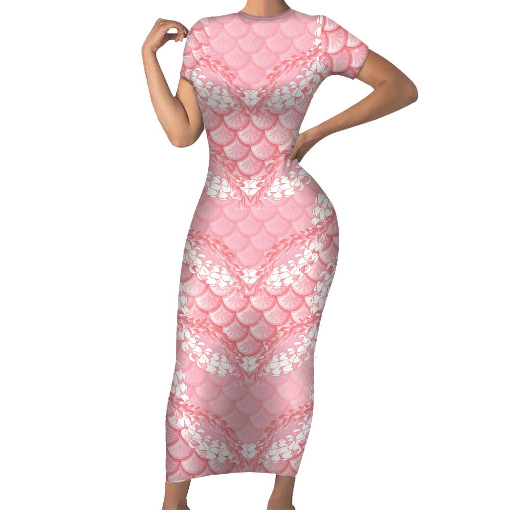 Soft Pink Mermaid Puakenikeni Maile Lei Family Matching Short Sleeve Bodycon Dress and Hawaiian Shirt