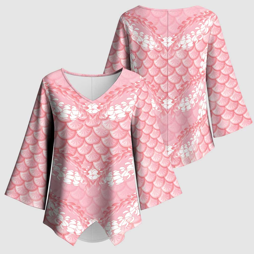 Soft Pink Mermaid Puakenikeni Maile Lei Kimono Sleeve Blouse