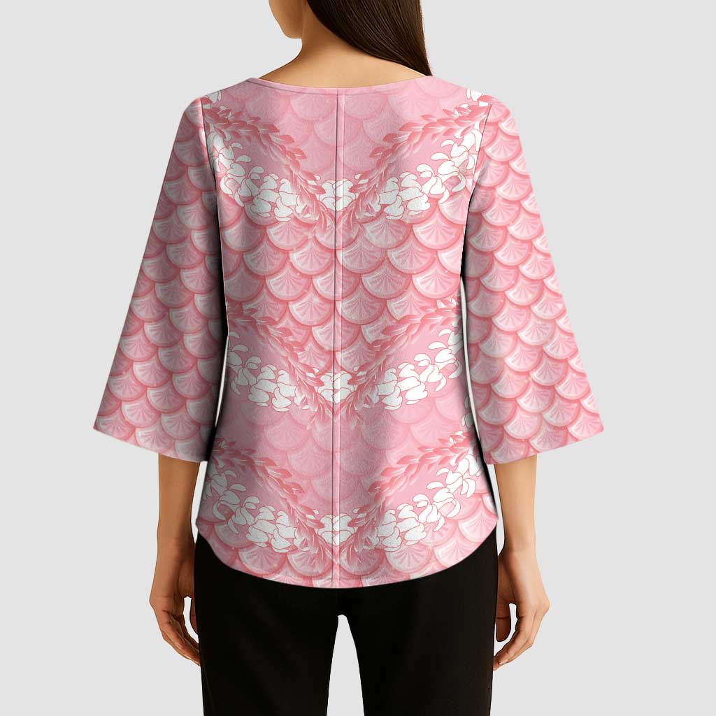 Soft Pink Mermaid Puakenikeni Maile Lei Kimono Sleeve Blouse