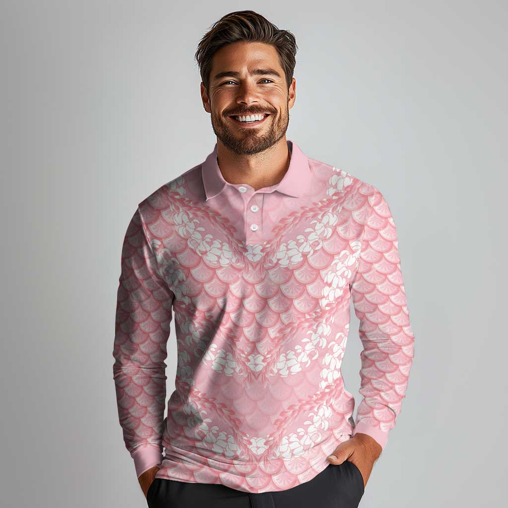 Soft Pink Mermaid Puakenikeni Maile Lei Long Sleeve Polo Shirt