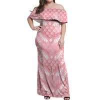 Soft Pink Mermaid Puakenikeni Maile Lei Off Shoulder Maxi Dress