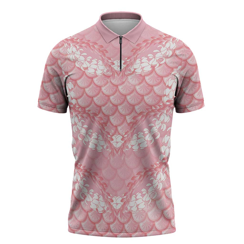 Soft Pink Mermaid Puakenikeni Maile Lei Zipper Polo Shirt LT01 Pink - Polynesian Pride