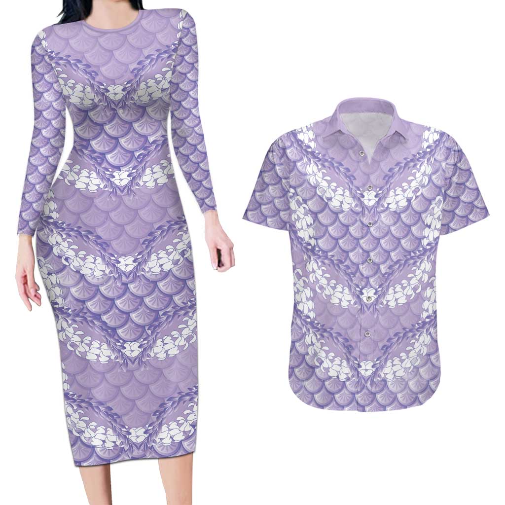 Lilac Mermaid Puakenikeni Maile Lei Couples Matching Long Sleeve Bodycon Dress and Hawaiian Shirt LT01 Purple - Polynesian Pride