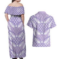 Lilac Mermaid Puakenikeni Maile Lei Couples Matching Off Shoulder Maxi Dress and Hawaiian Shirt